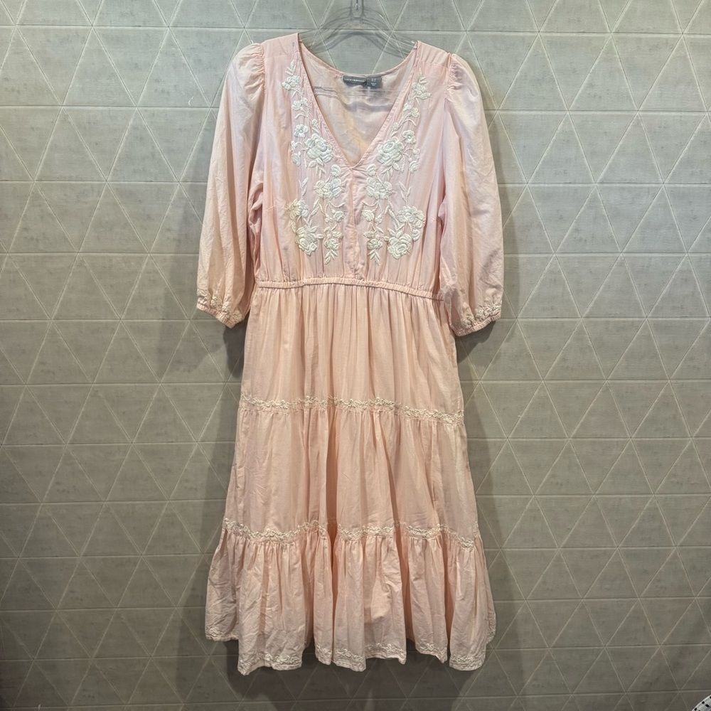 Lucky Brand Womens Pink Embroidered Tiered Lined Maxi Dress 100% Cotton Sz XL